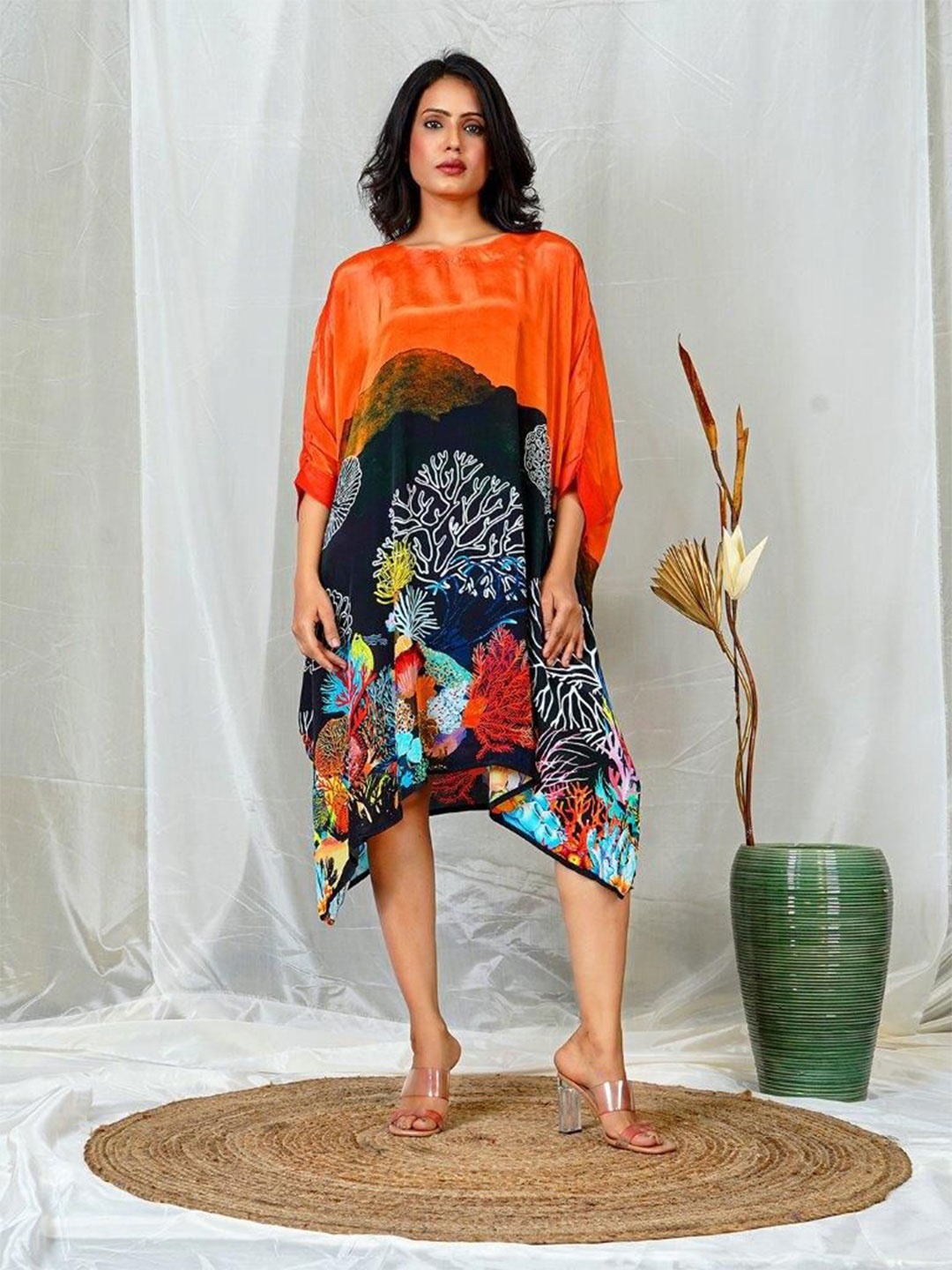 

EARTH O FAB Orange Natural Crepe Poncho with Round Neckline and Underwater-Inspired Prints