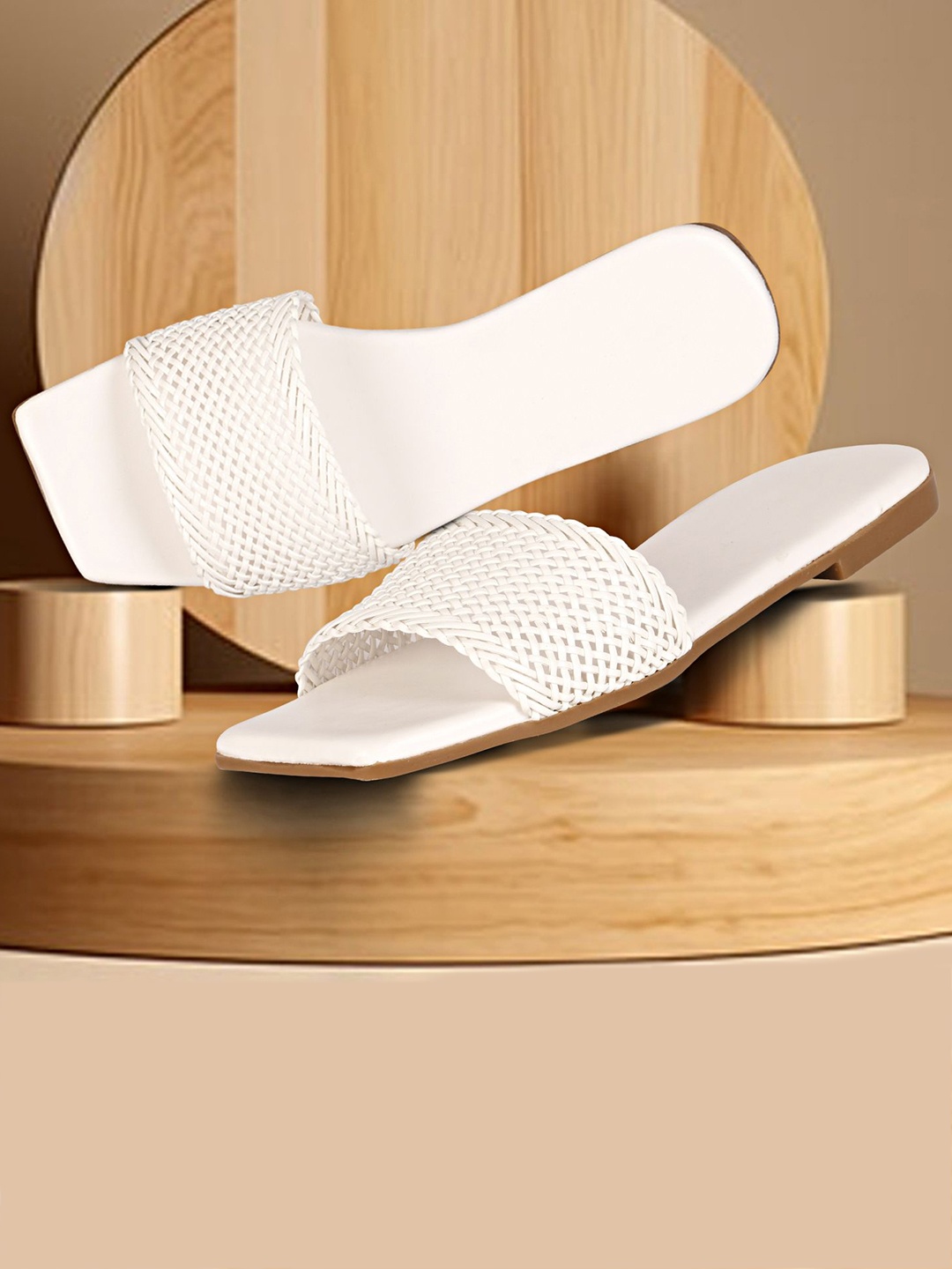 

Commander Shoes Women Striped Open Toe Flats with Laser Cuts, White