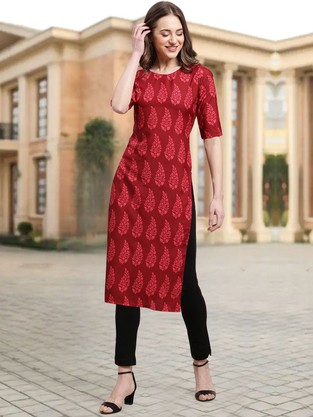 

7Threads Women Ethnic Motifs Printed Floral Crepe Kurta, Red