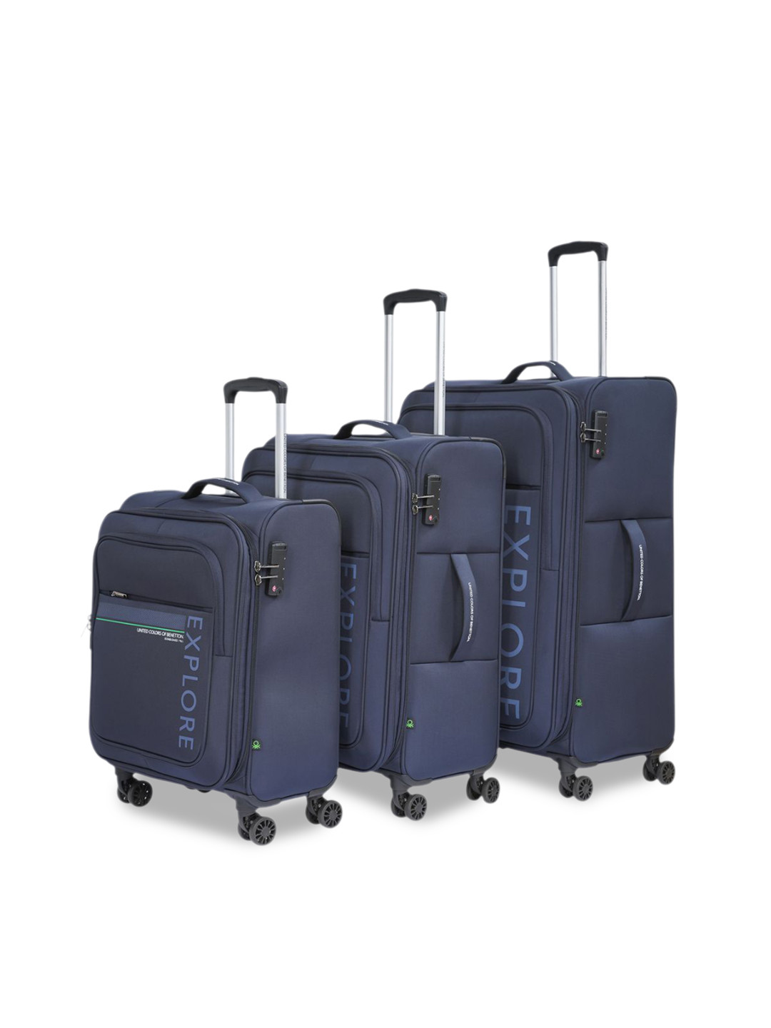 

United Colors of Benetton Garret Plus Set Of 3 Printed Soft Sided Trolley Bags, Navy blue