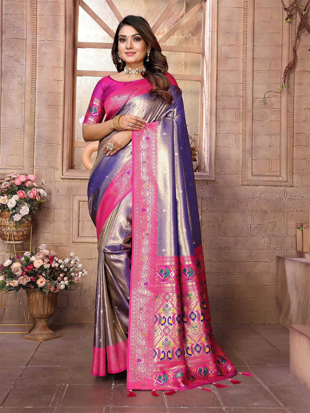 

Vintro Woven Design Zari Tissue Paithani Saree, Purple