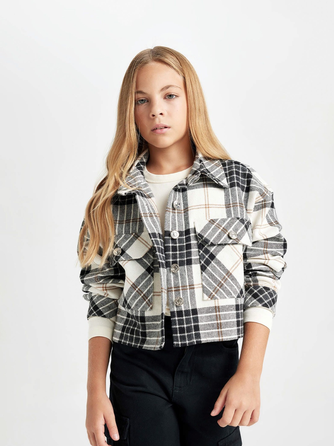 

DeFacto Girls Relaxed Fit Spread Collar Tartan Checked Casual Shacket, Beige