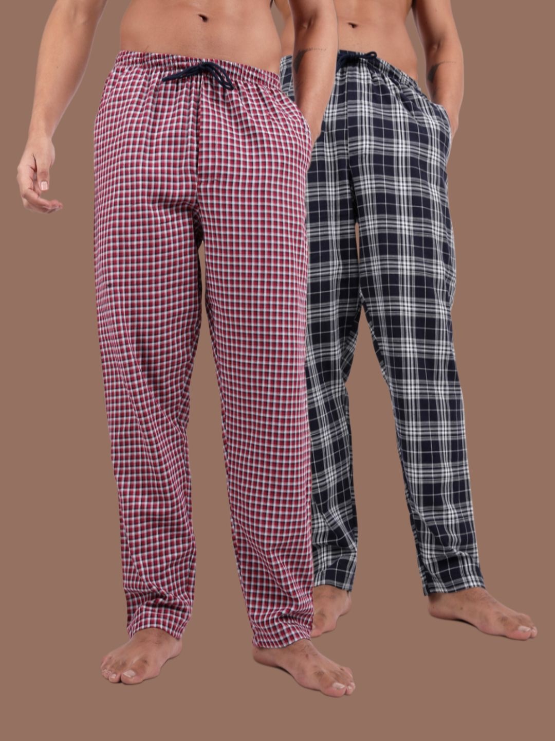 

Kryptic Men Pack Of 2 Checked Pure Cotton Lounge Pants, Navy blue