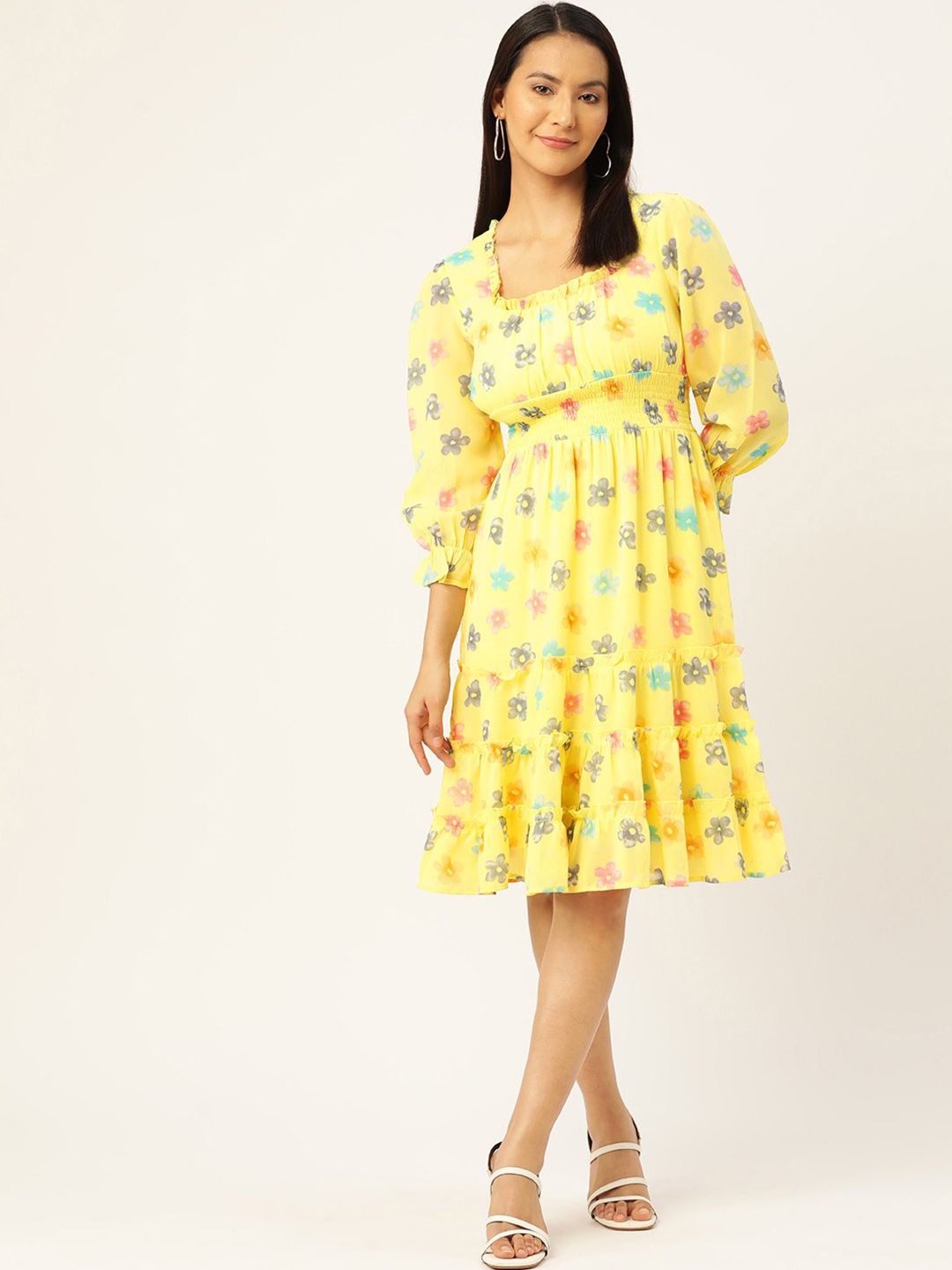 

Moda Rapido Floral Print Puff Sleeve Georgette Fit & Flare Midi Dress, Yellow