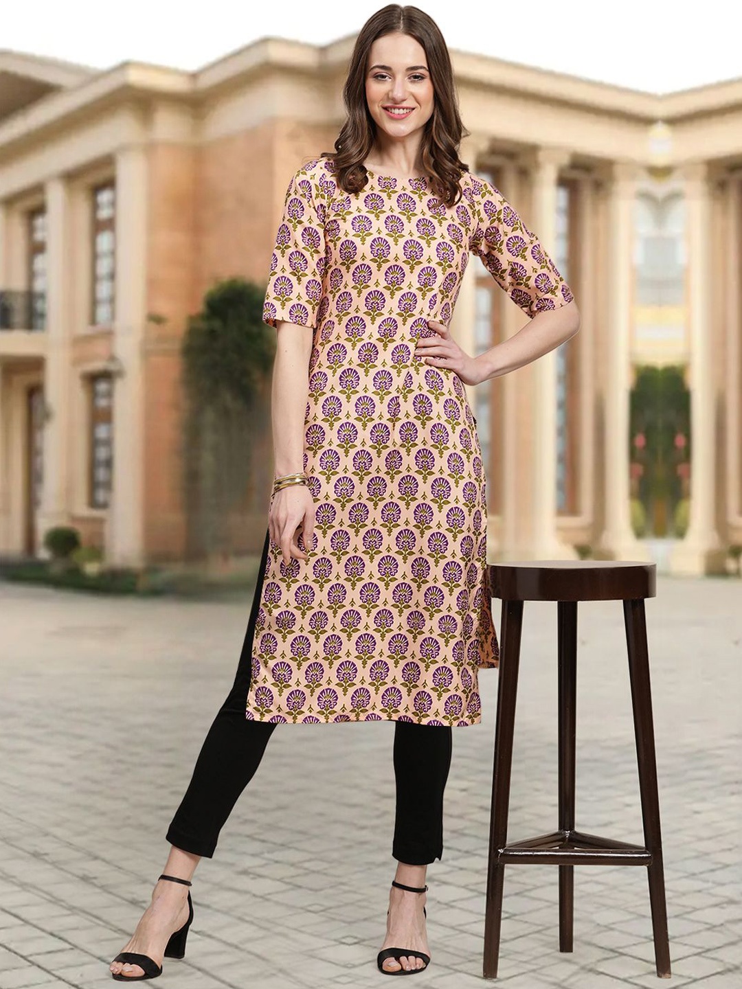 

7Threads Floral Printed Round Neck Straight Kurta, Beige