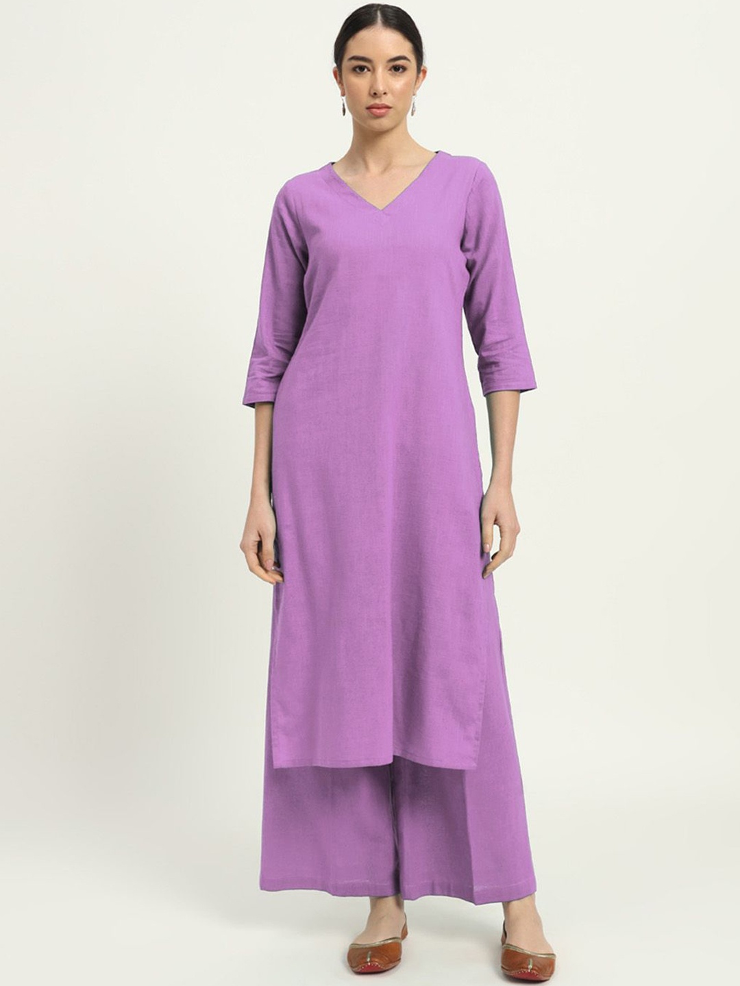 

Thevasa Verve and Versality V-Neck Pure Cotton Tunic With Palazzo, Purple