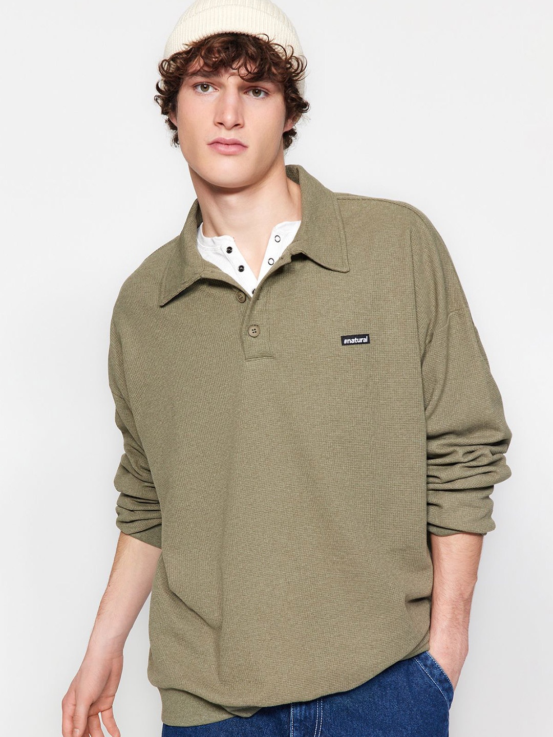 

Trendyol Men Shirt Collar Pullover Sweatshirt, Khaki