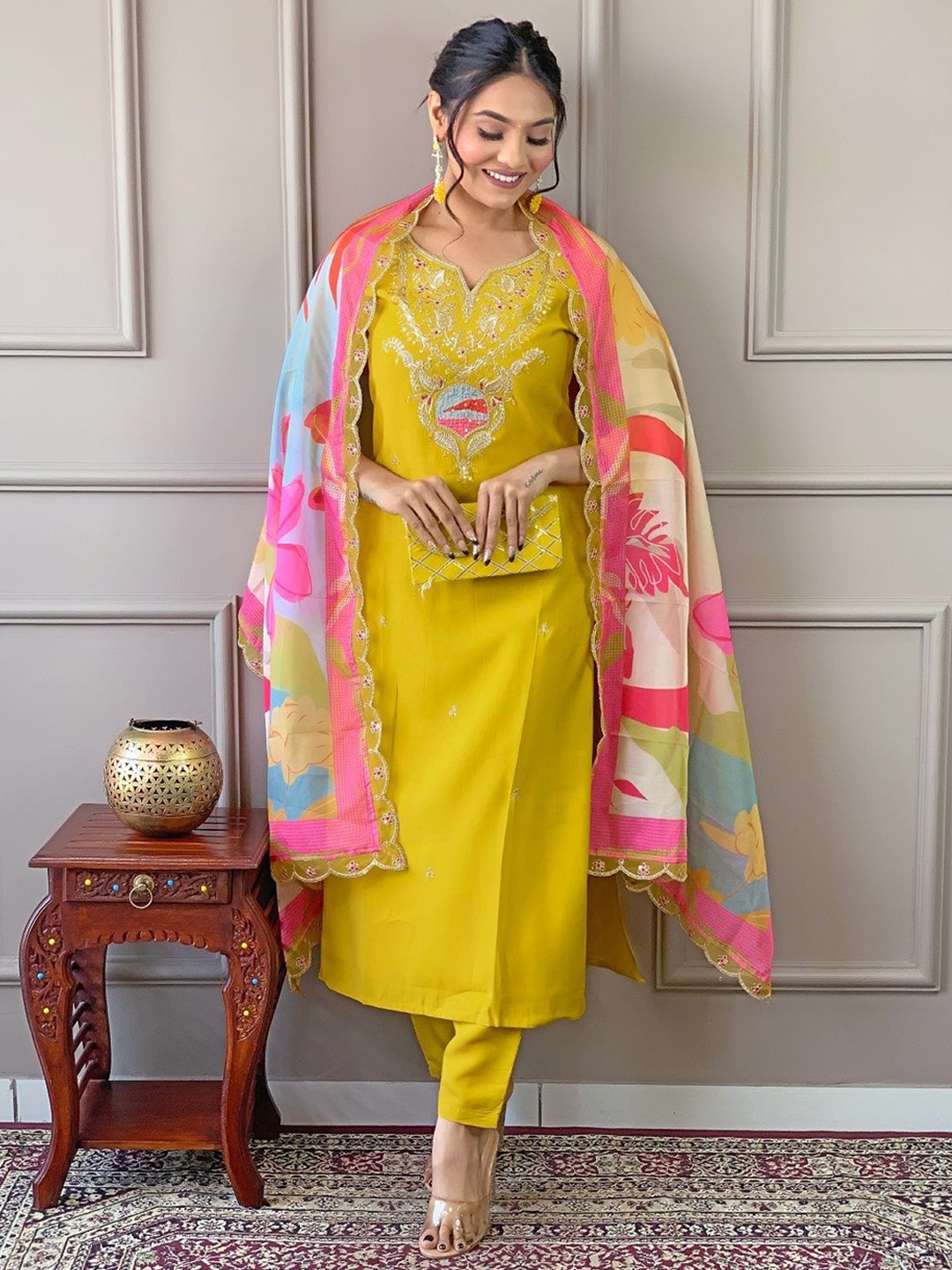 

Fashion Care Navlik Floral Embroidered Notch Neck Straight Kurta With Trousers & Dupatta, Yellow