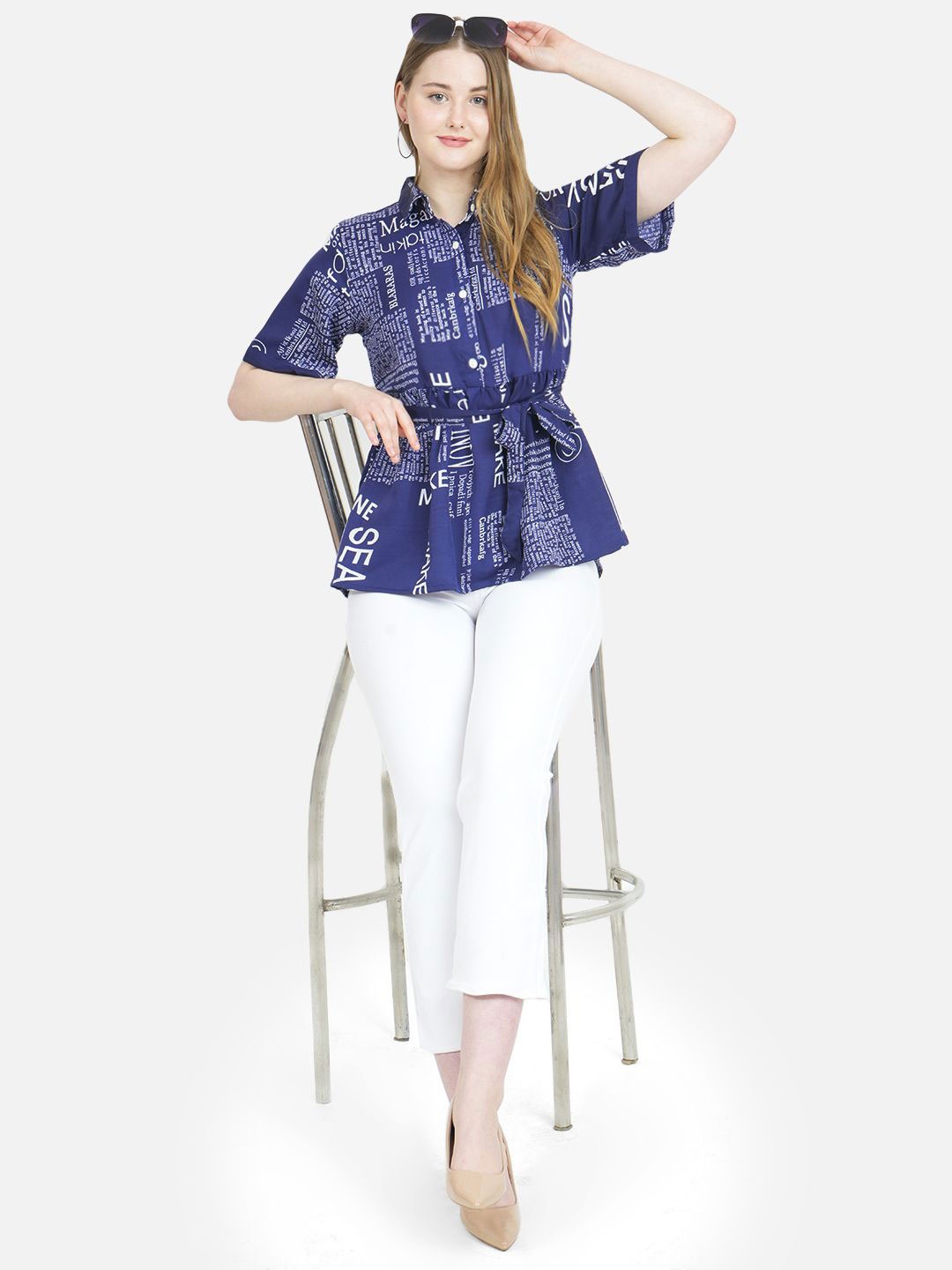 

MANKSH Women Shirt Collar Printed Top, Blue