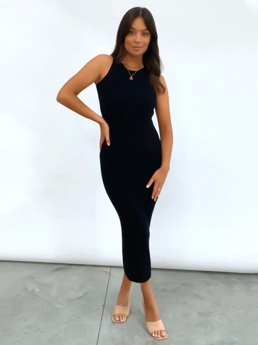

KERI PERRY Plain Straight Fit Partywear Bodycon Midi Dress, Black