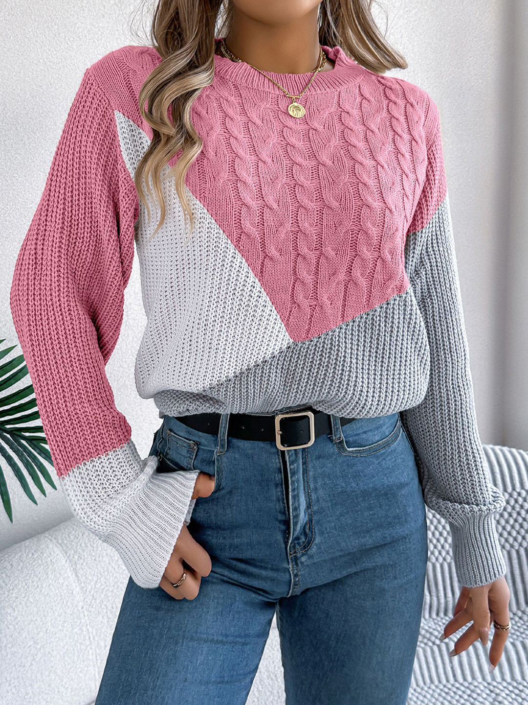 

StyleCast x Revolte Women Cable Knit Colourblocked Pullover, Pink