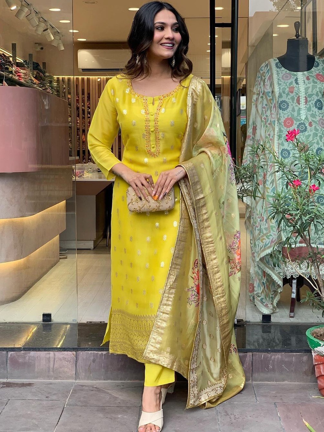

Moda Rapido Floral Woven Design Kurta With Trouser And Dupatta, Yellow