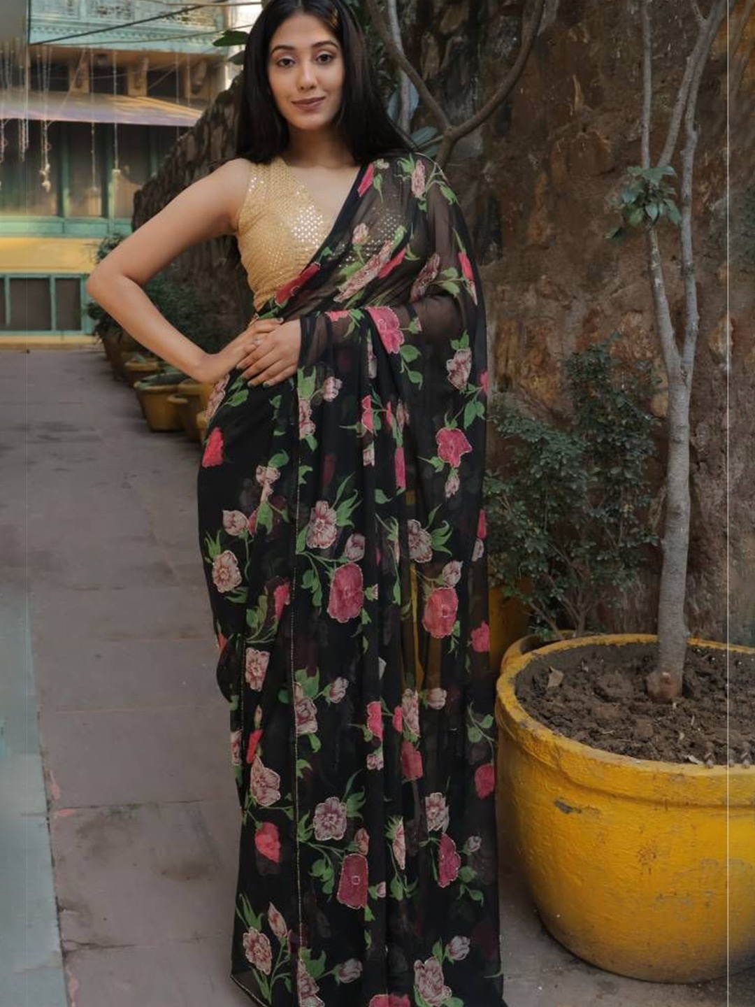 

House of Chiffon Floral Saree, Black