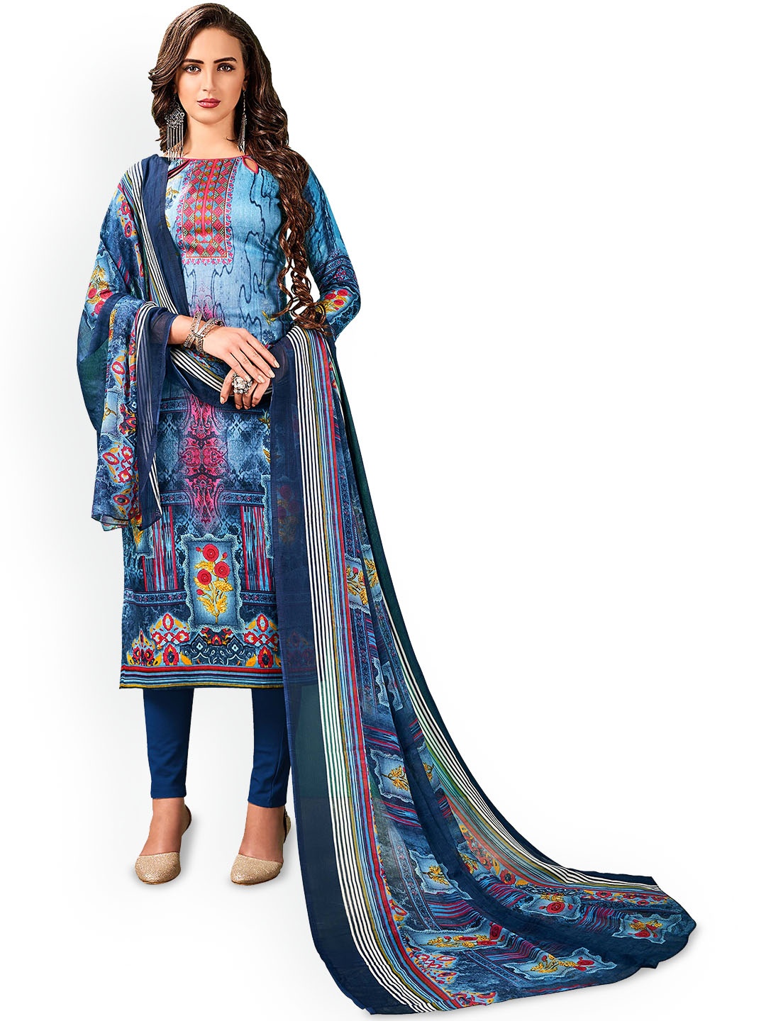 

HERE&NOW Ethnic Motifs Printed Unstitched Dress Material, Blue