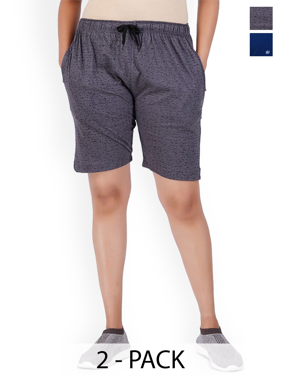 

FEEL TRACK Women Pack of 2 Printed Mid-Rise Shorts, Grey