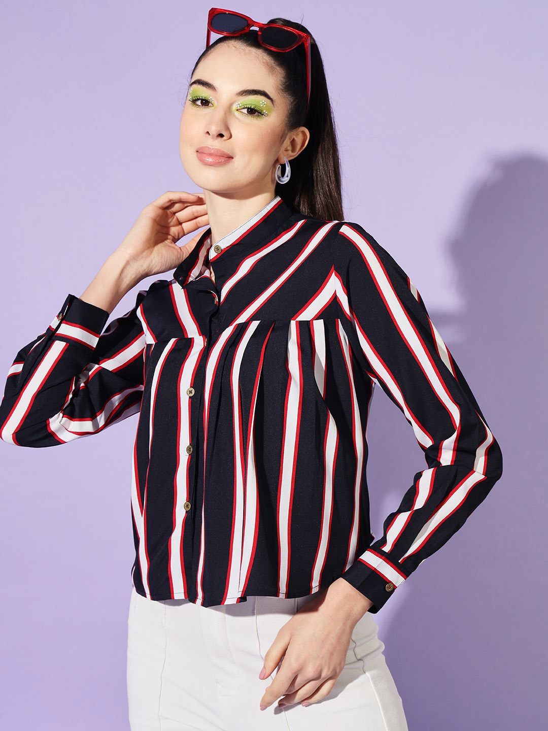 

Moda Rapido Women Boxy Opaque Striped Casual Shirt, Navy blue