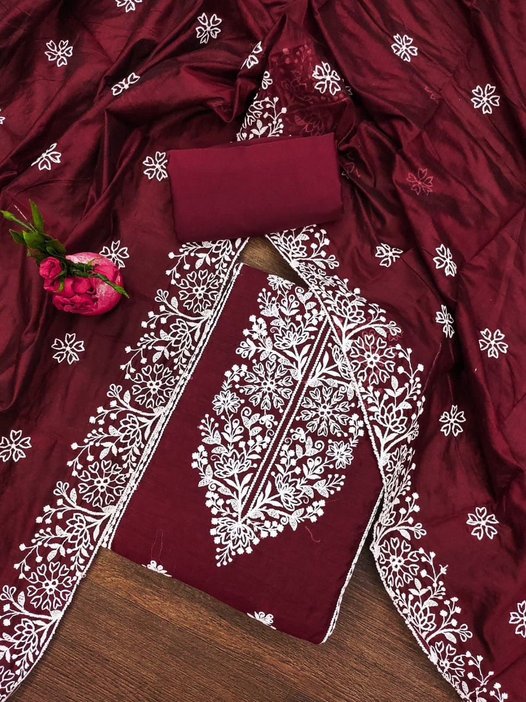 

BlissFlair Floral Embroidered Pure Cotton Unstitched Dress Material, Maroon