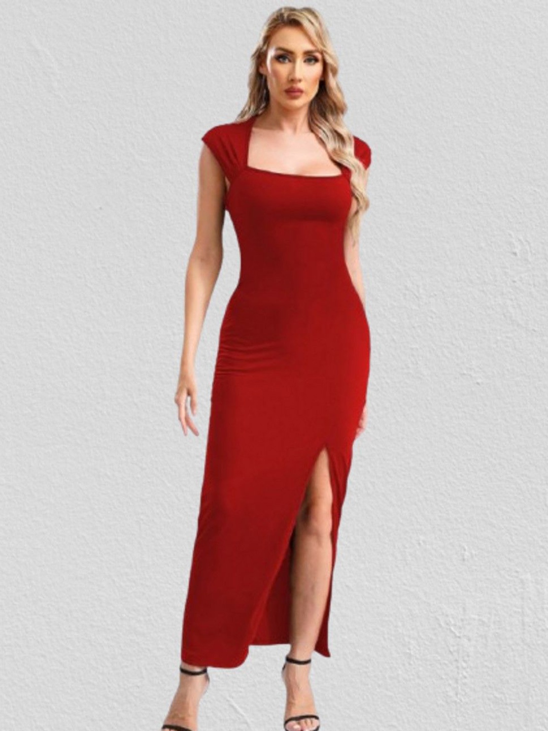 

CLAFOUTIS Women Crepe Bodycon Maxi Dress, Red