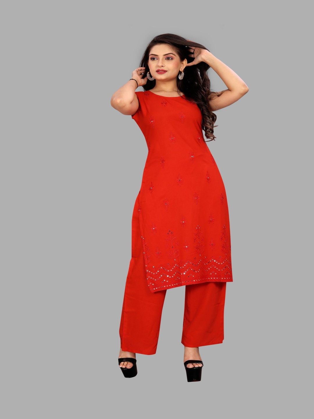 

SARVAGNA Ethnic Motifs Embroidered Mirror Work Straight Kurta with Trouser, Red