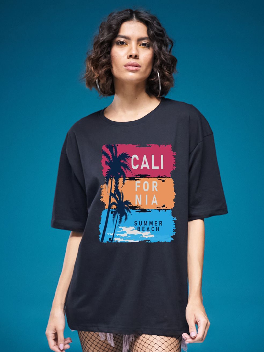 

SMARTEES Women Graphic Printed Round Neck Cotton Oversized T-shirt, Black