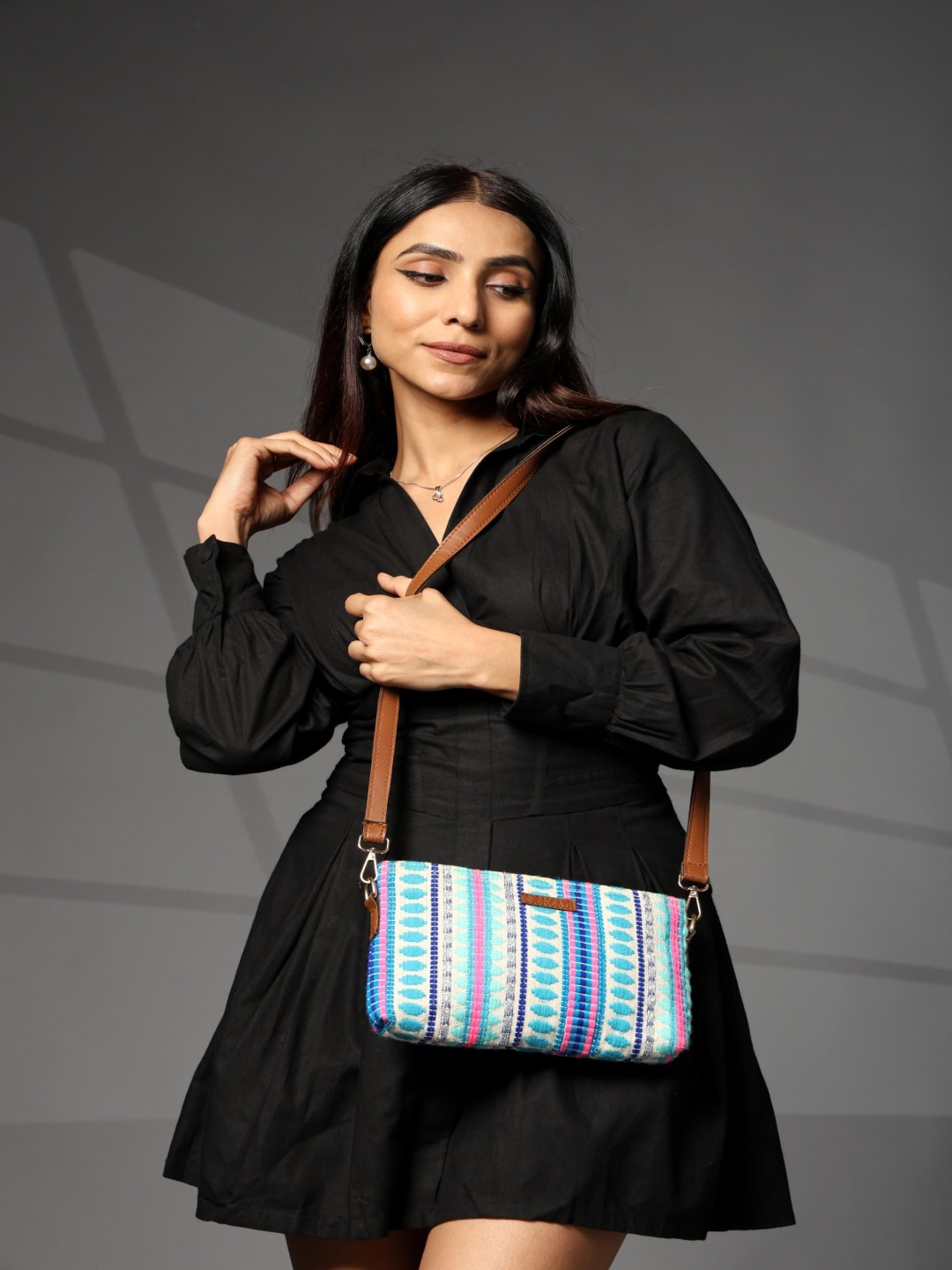 

ENSAC Women Striped Crossbody Cotton Sling Bag, Blue