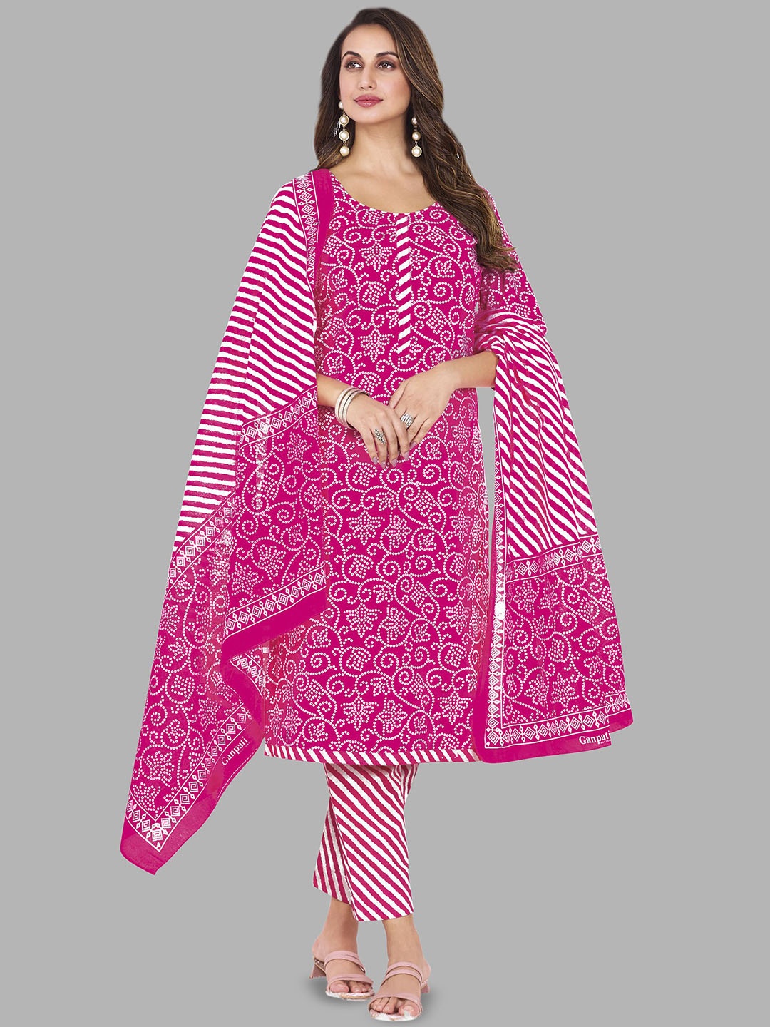 

Simmu Women Printed Regular Pure Cotton Kurta with Churidar & With Dupatta, Pink