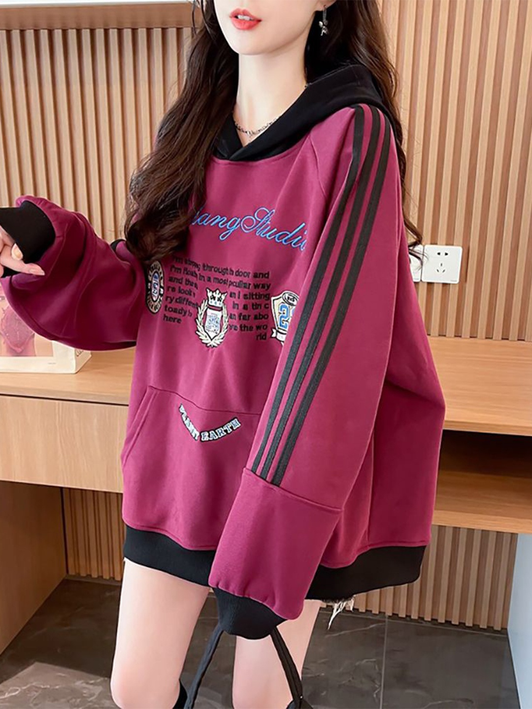 

StyleCast x Revolte Women Printed Hooded Oversized longline Cotton Sweatshirt, Red