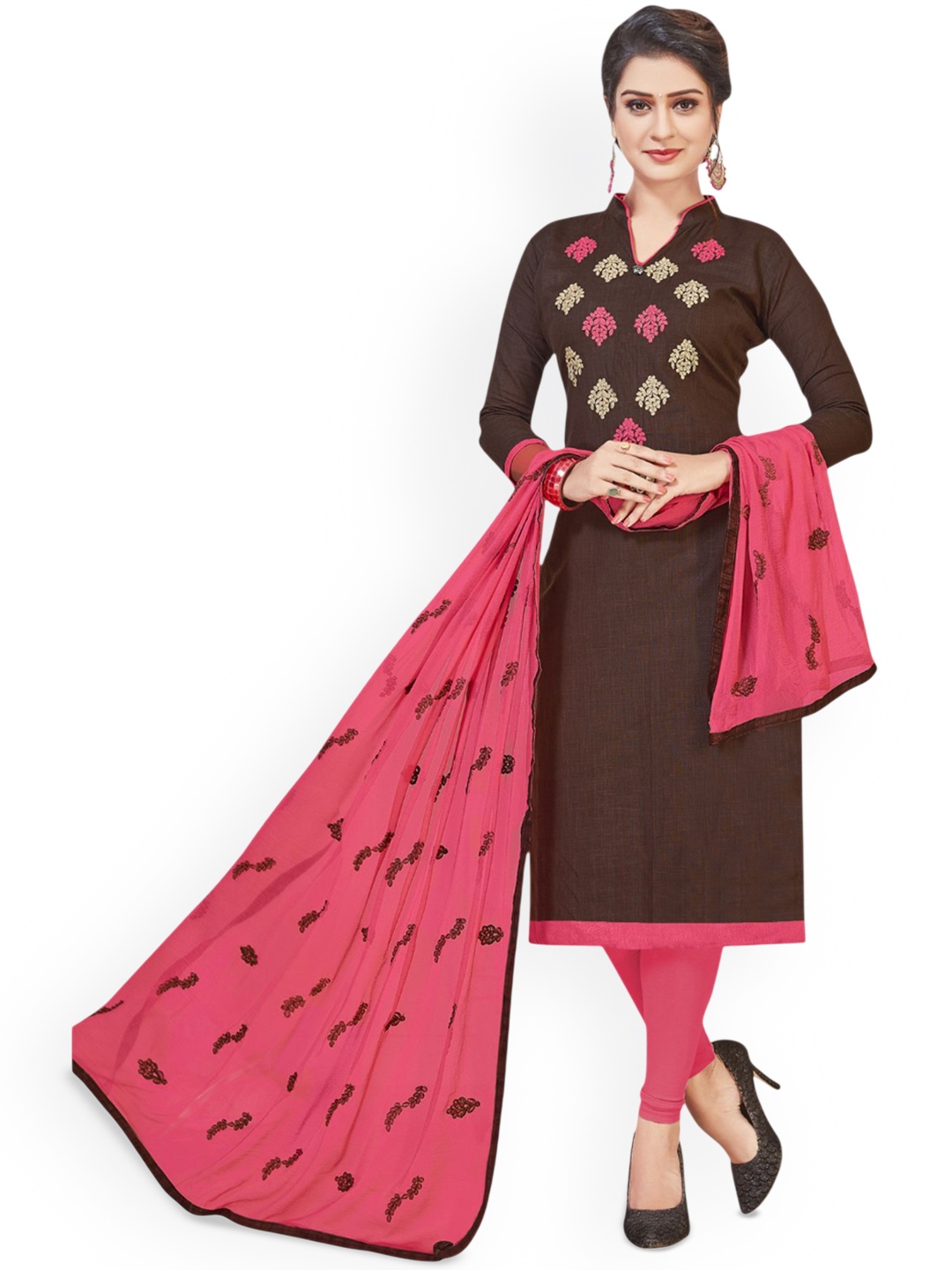 

HERE&NOW Ethnic Motifs Embroidered Cotton Unstitched Dress Material, Brown