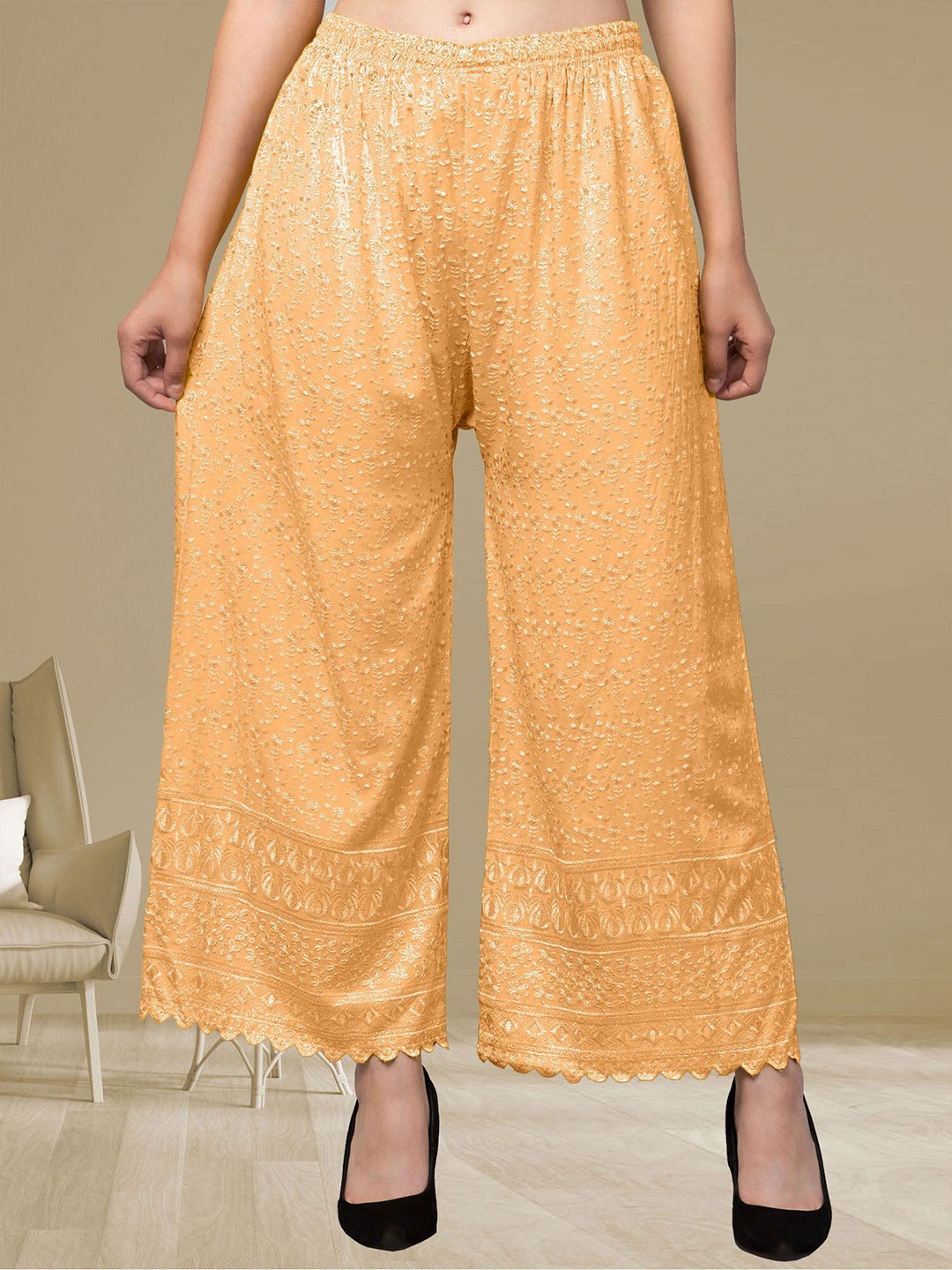 

FAMBEE Women Floral Embroidered Flared Knitted Palazzos, Beige