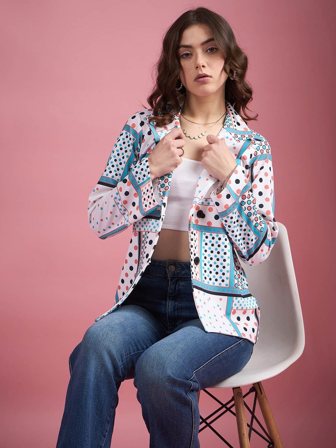 

DressBerry Women Classic Fit Cuban Collar Geometric Printed Casual Shirt, White