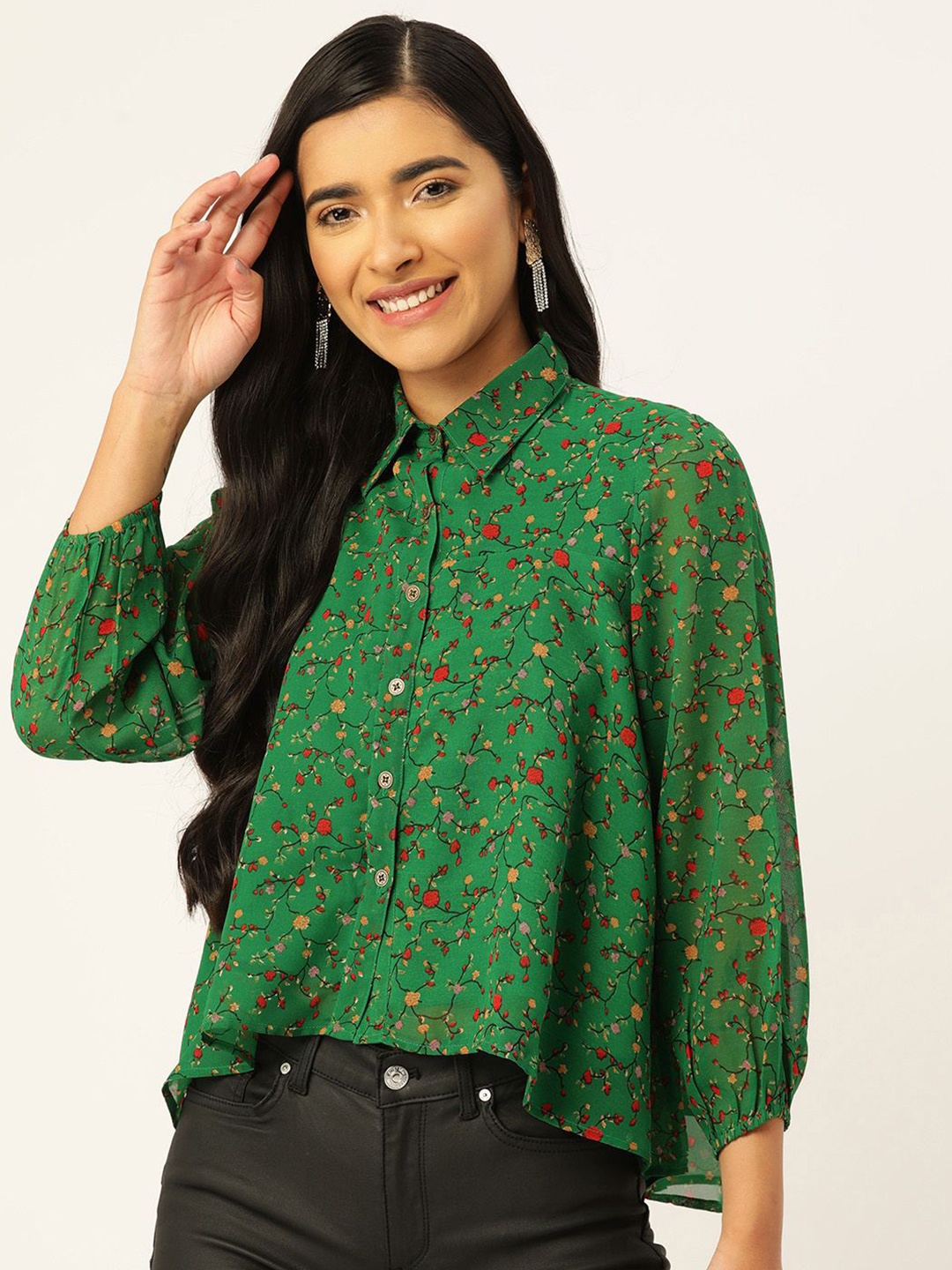 

Moda Rapido Women Floral Opaque Printed Casual Shirt, Green