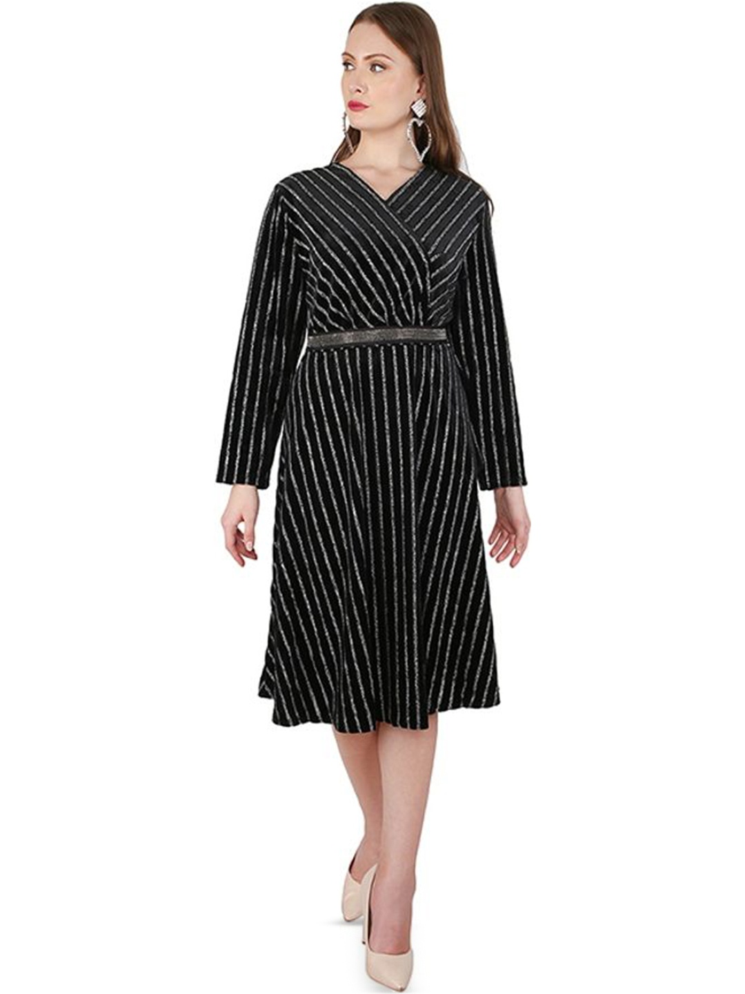 

ALTAIRA Women Striped Woollen A-Line Dress, Black