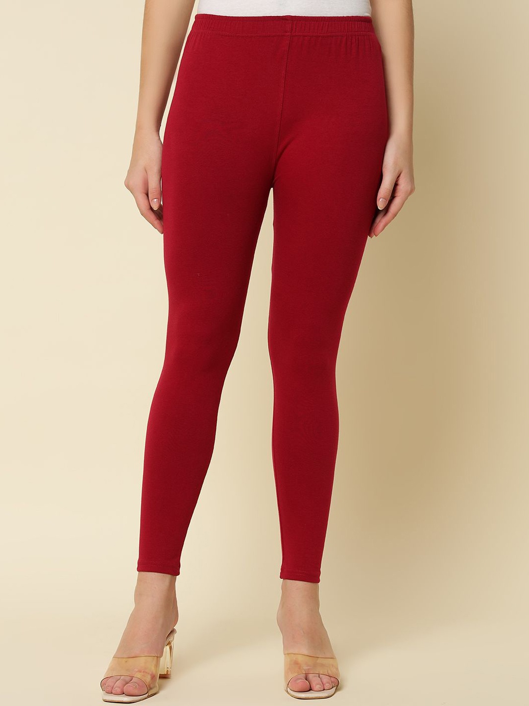 

Thread Plus Women Ankle Length Super Stretchable Solid Cotton Leggings, Red