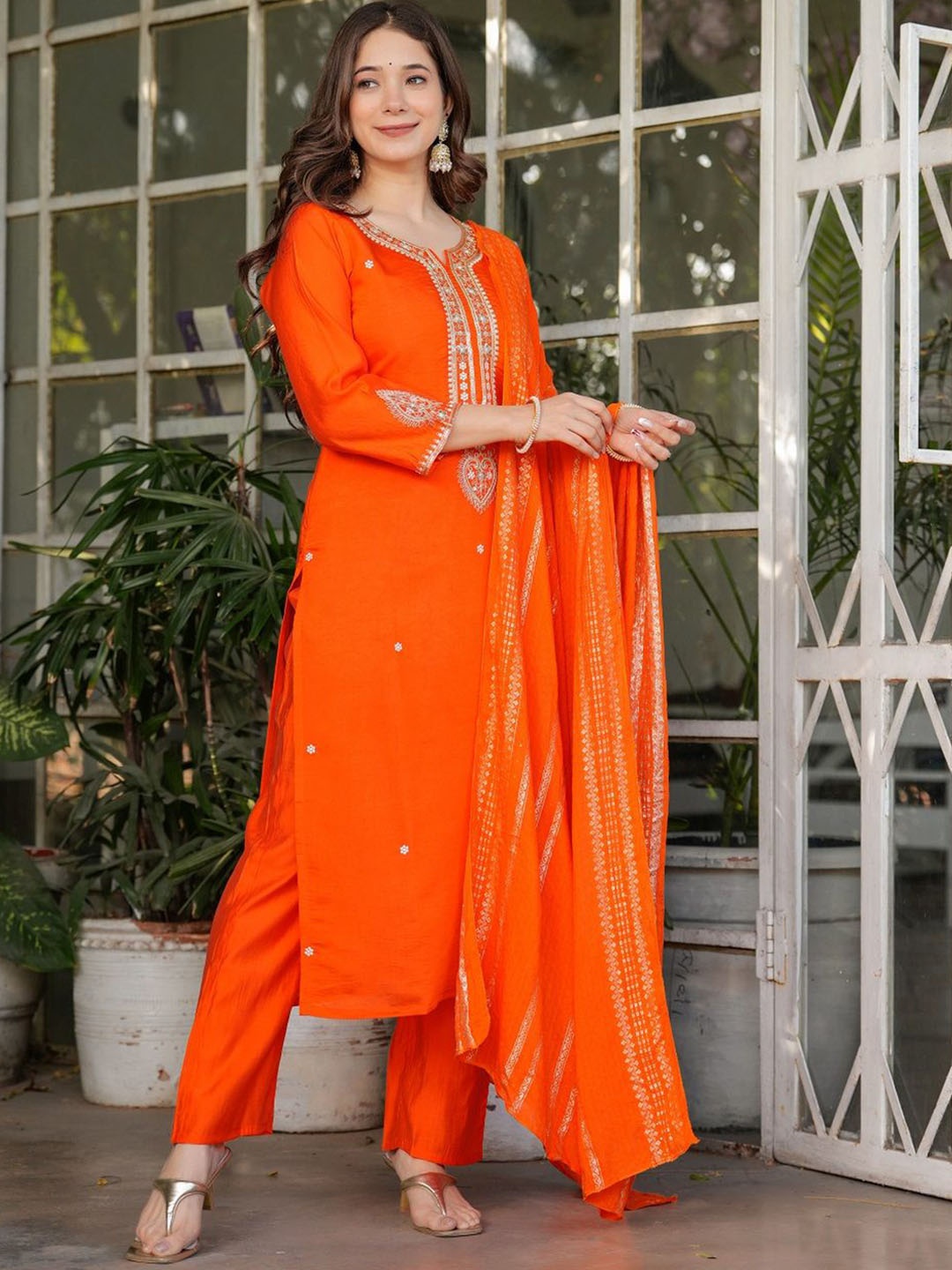 

KAUTIK FABRICS Notch Neck Embroidered Chanderi Silk Straight Kurta With Trouser & Dupatta, Orange