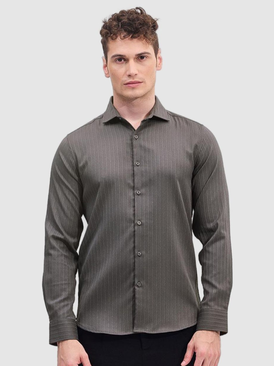 

Snitch Men Smart Slim Fit Spread Collar Vertical Striped Casual Shirt, Grey