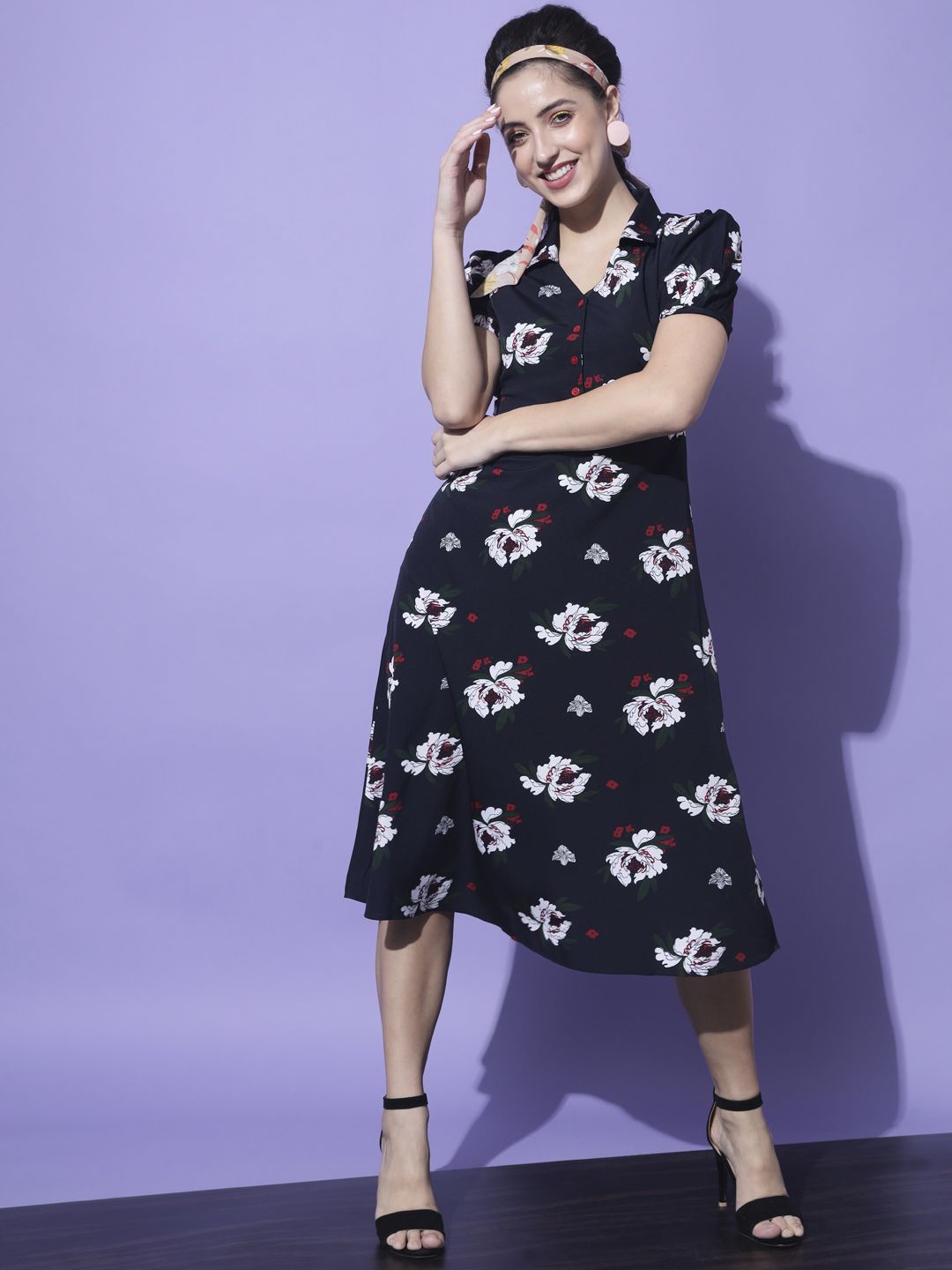 

Moda Rapido Floral Print Puff Sleeve Crepe Shirt Midi Dress, Navy blue