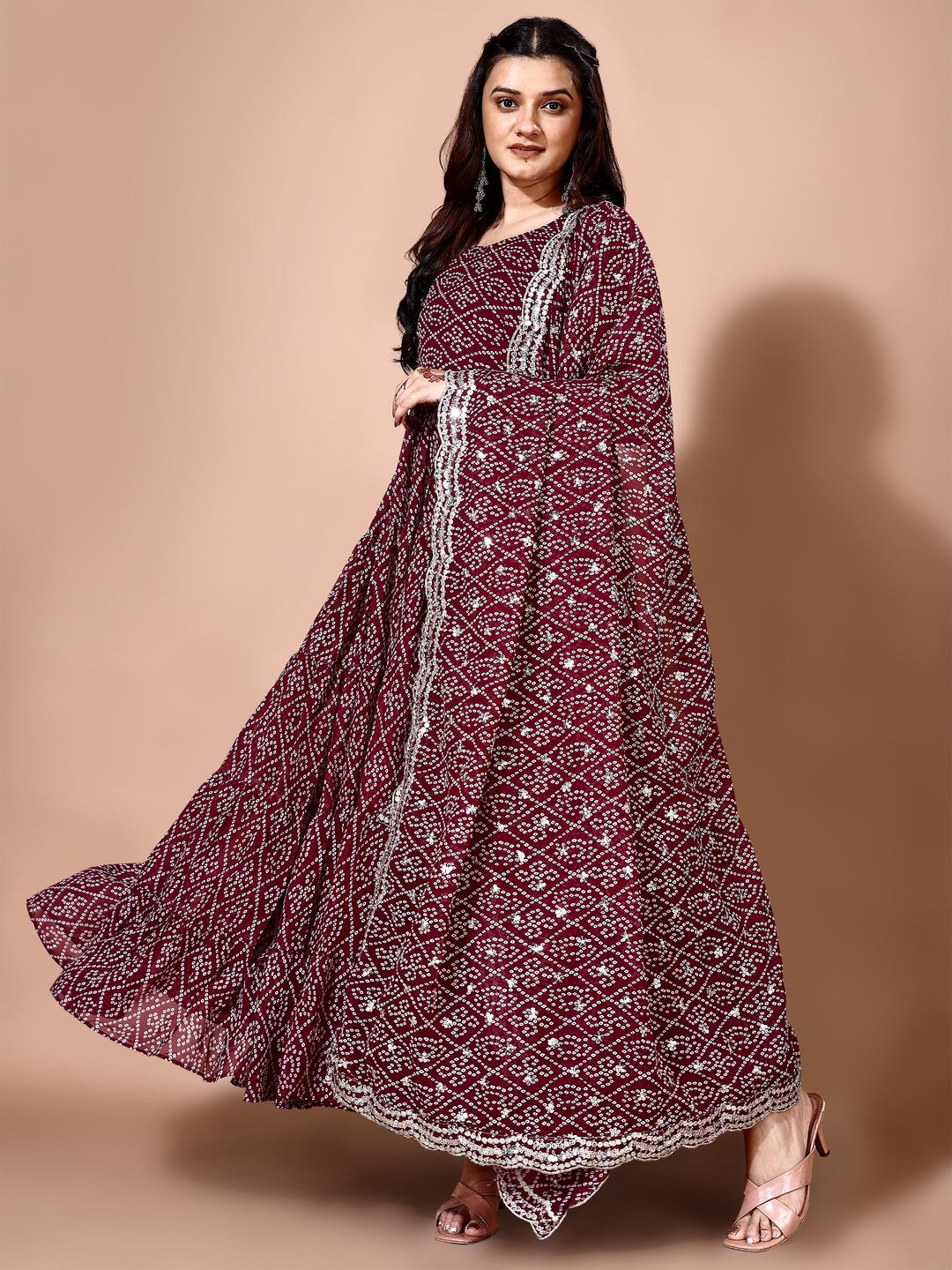 

KALINI Bandhani Printed Round Neck Tiered Anarkali Kurta with Pyjamas & Dupatta, Maroon