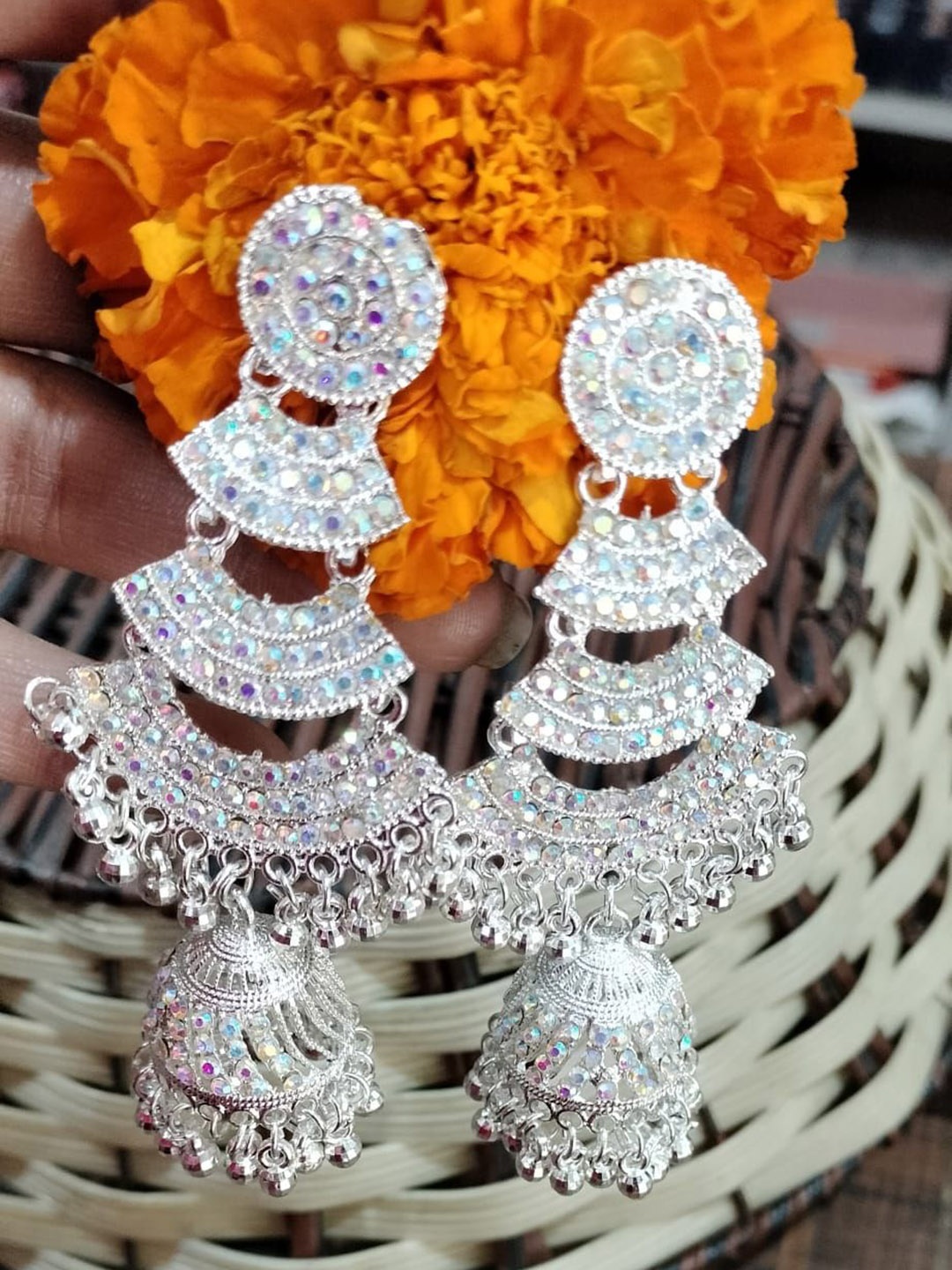 

JMBW INTERNATIONAL Sterling Silver-Plated Artificial Beads Dome Shaped Jhumkas
