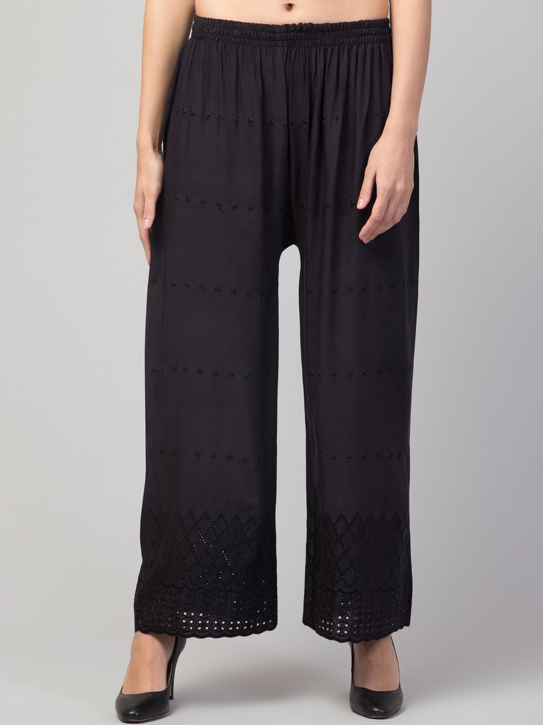 

FAMBEE Women Flared Knitted Palazzos, Black
