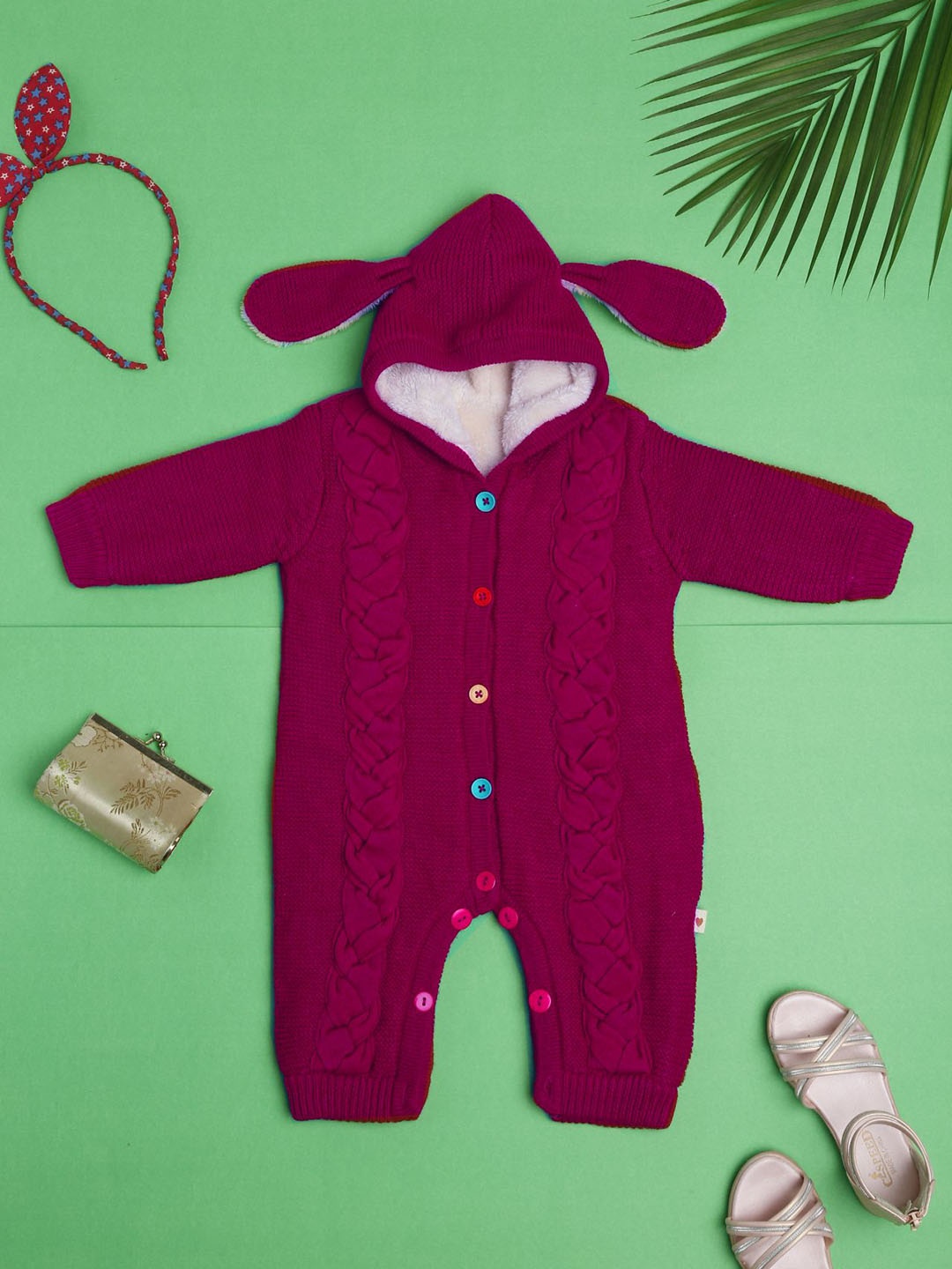 

Yellow Apple Kids Woolen Hooded Full Sleeves Rompers, Fuchsia