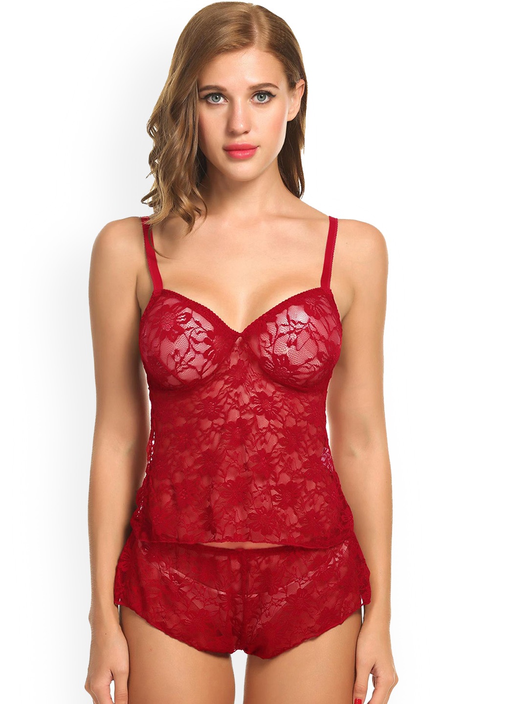 

chia fashions Women Self Design Shoulder Straps Baby Doll, Red