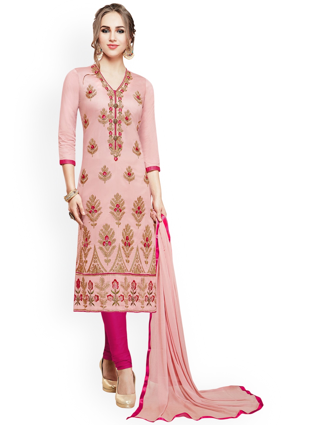 

HERE&NOW Floral Embroidered Unstitched Dress Material, Pink