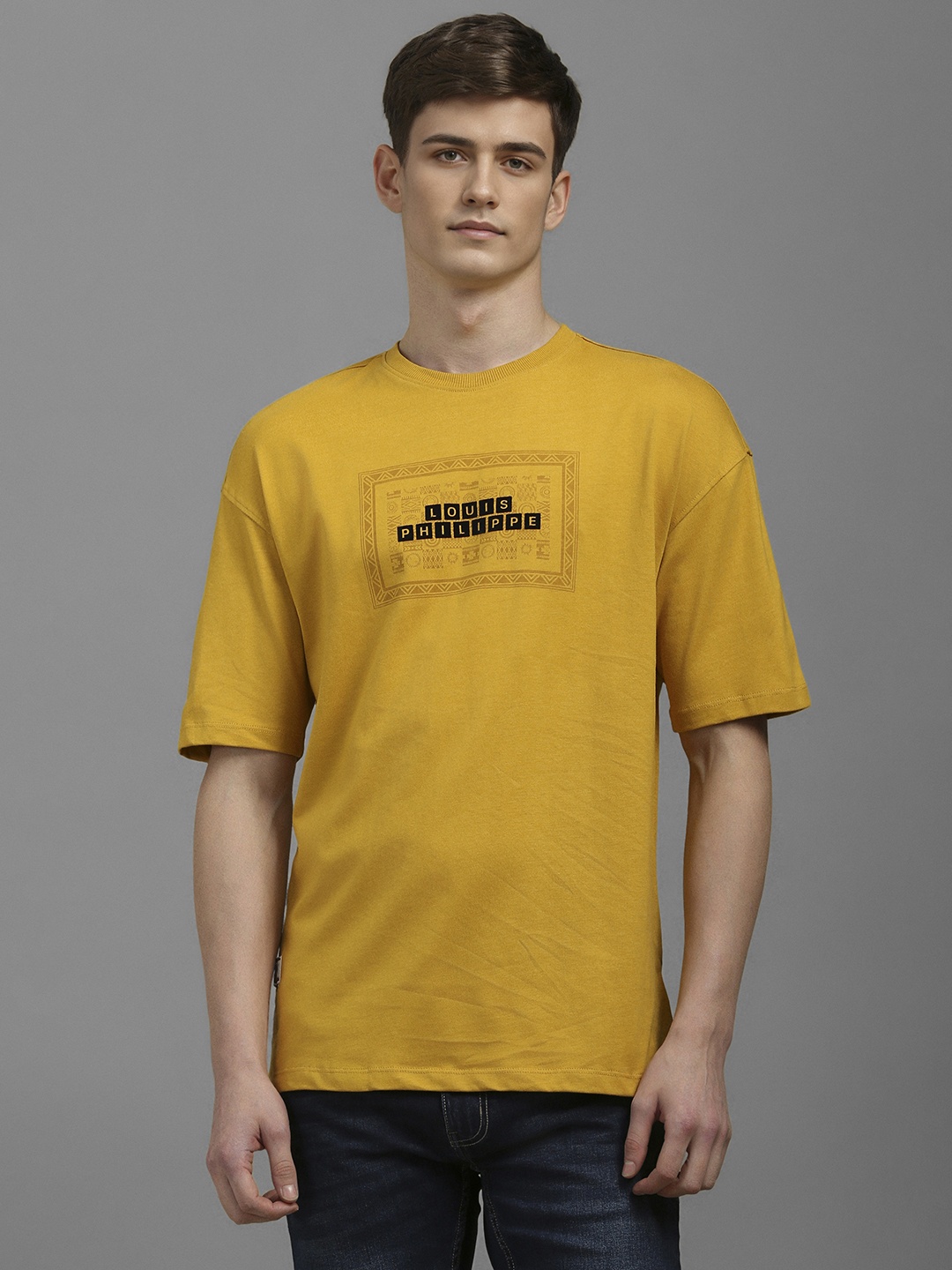 

Louis Philippe Jeans Men Typography Printed Round Neck Cotton Slim Fit T-shirt, Yellow