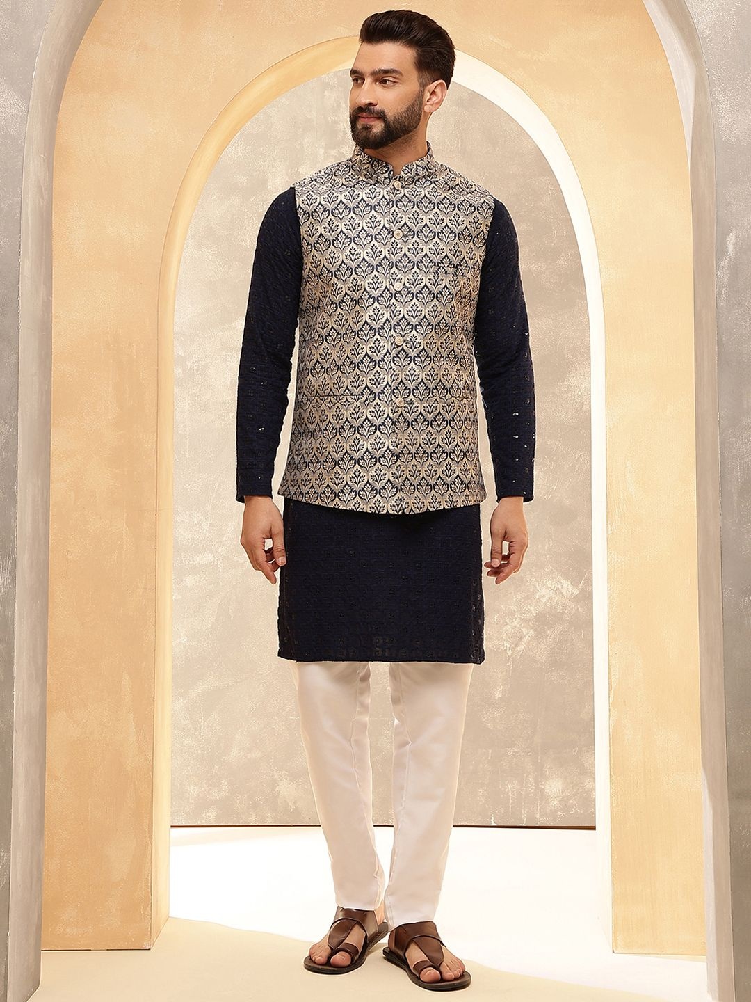 

Anouk Navy Blue Embroidered Pure Cotton Straight Kurta With Pyjamas And Nehru Jacket