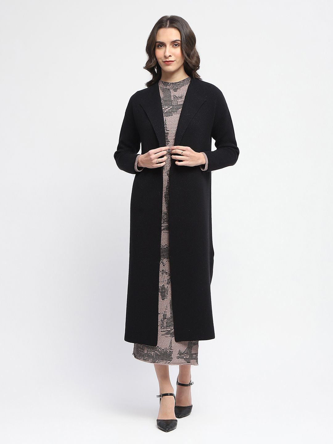 

Madame Abstract Printed Round Neck Bodycon Midi Dress With Long Coat, Mauve