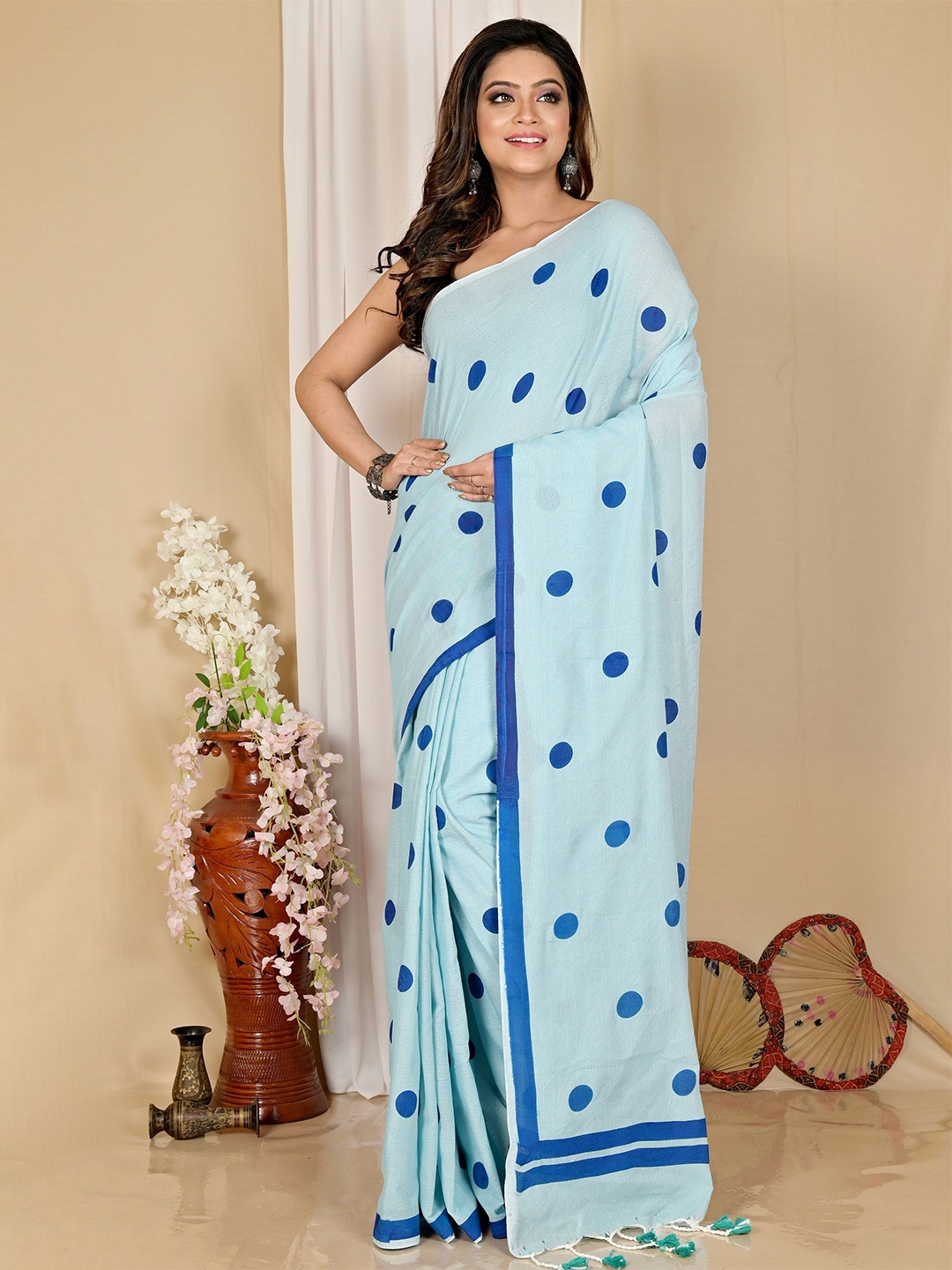 

PuJoy Polka Dot Pure Cotton Taant Saree, Blue
