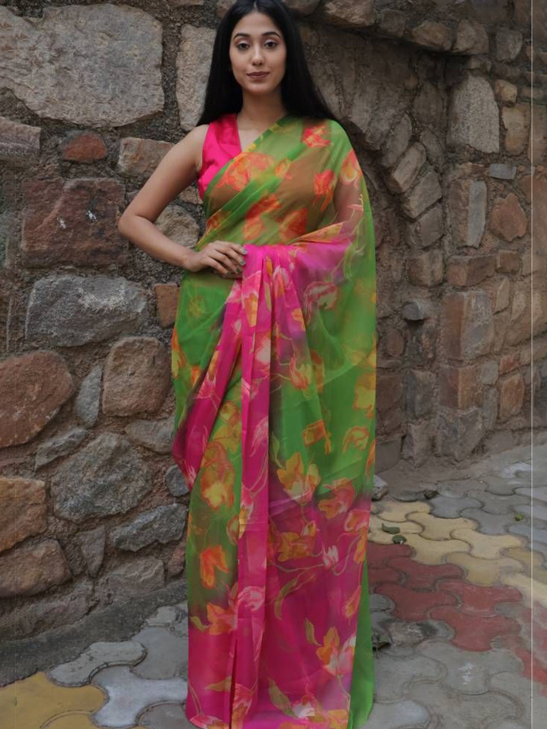 

House of Chiffon Floral Printed Saree with Blouse Piece, Lime green