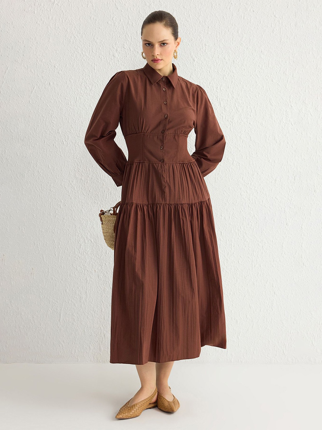 

Trendyol Women Shirt Collar Fit and Flare Midi Dress, Brown