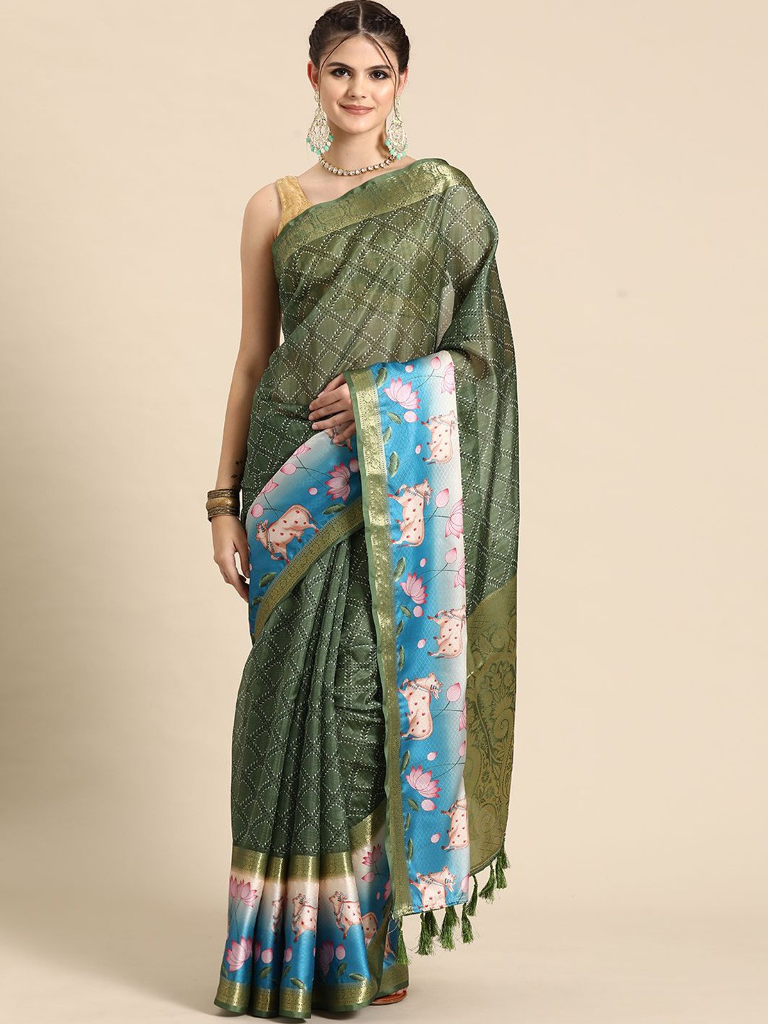 

DIVASTRI Kanjivaram Silk Pichwai Digital Printed Saree with Woven Border & Pallu, Green