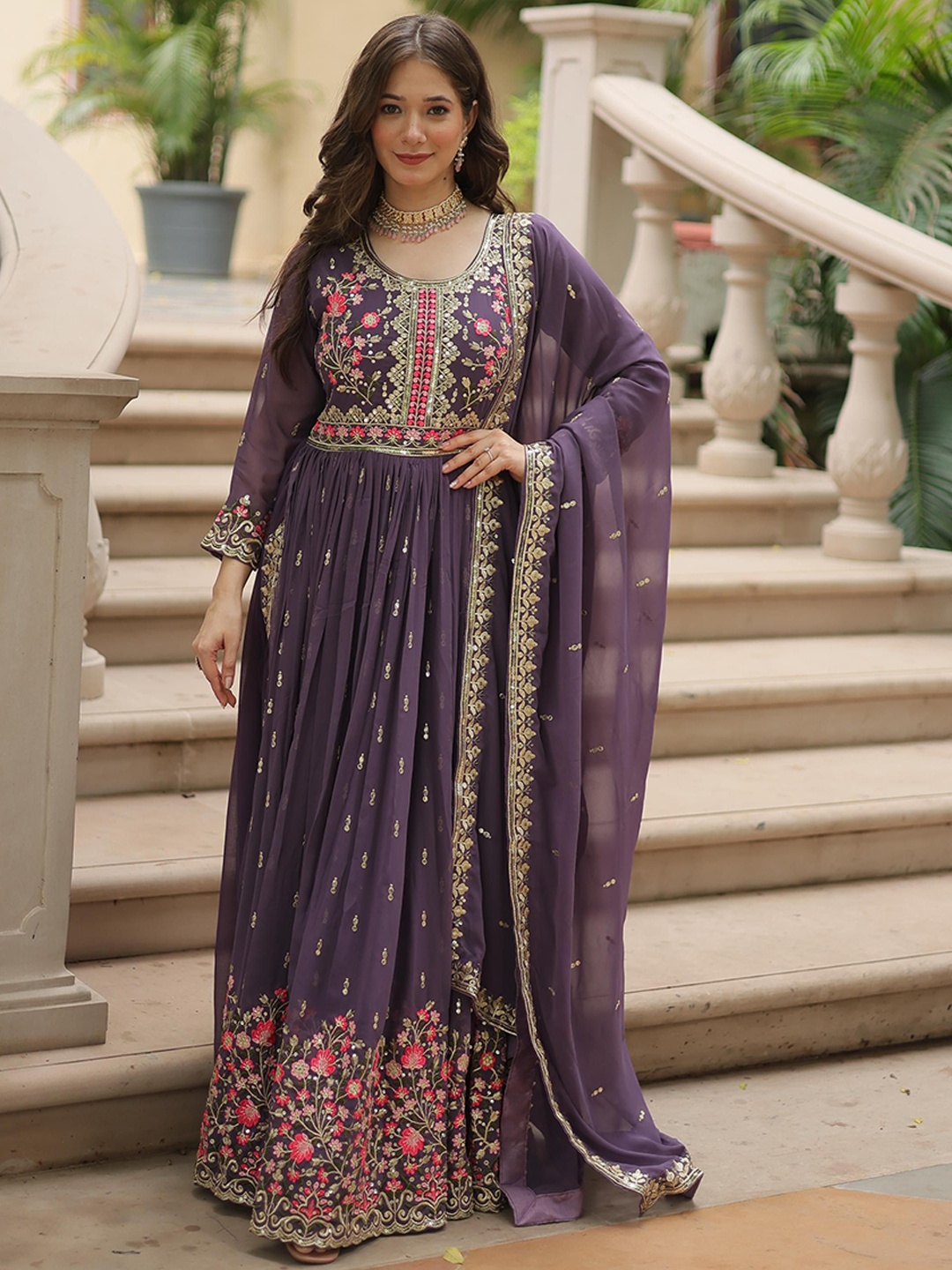 

JATRIQQ Women Floral Embroidered Regular Sequinned Kurti with Sharara & With Dupatta, Lavender